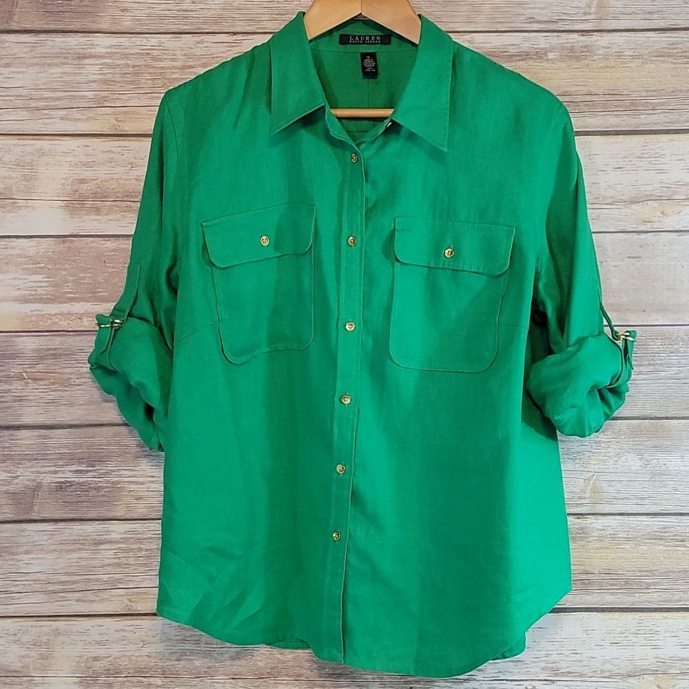Lauren Ralph Lauren | Kelly Green Linen Button Up Top 1X